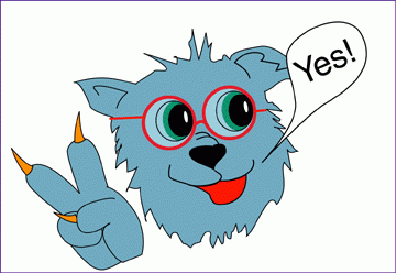 Graphic of blue animal wearing glasses saying "Yes!"